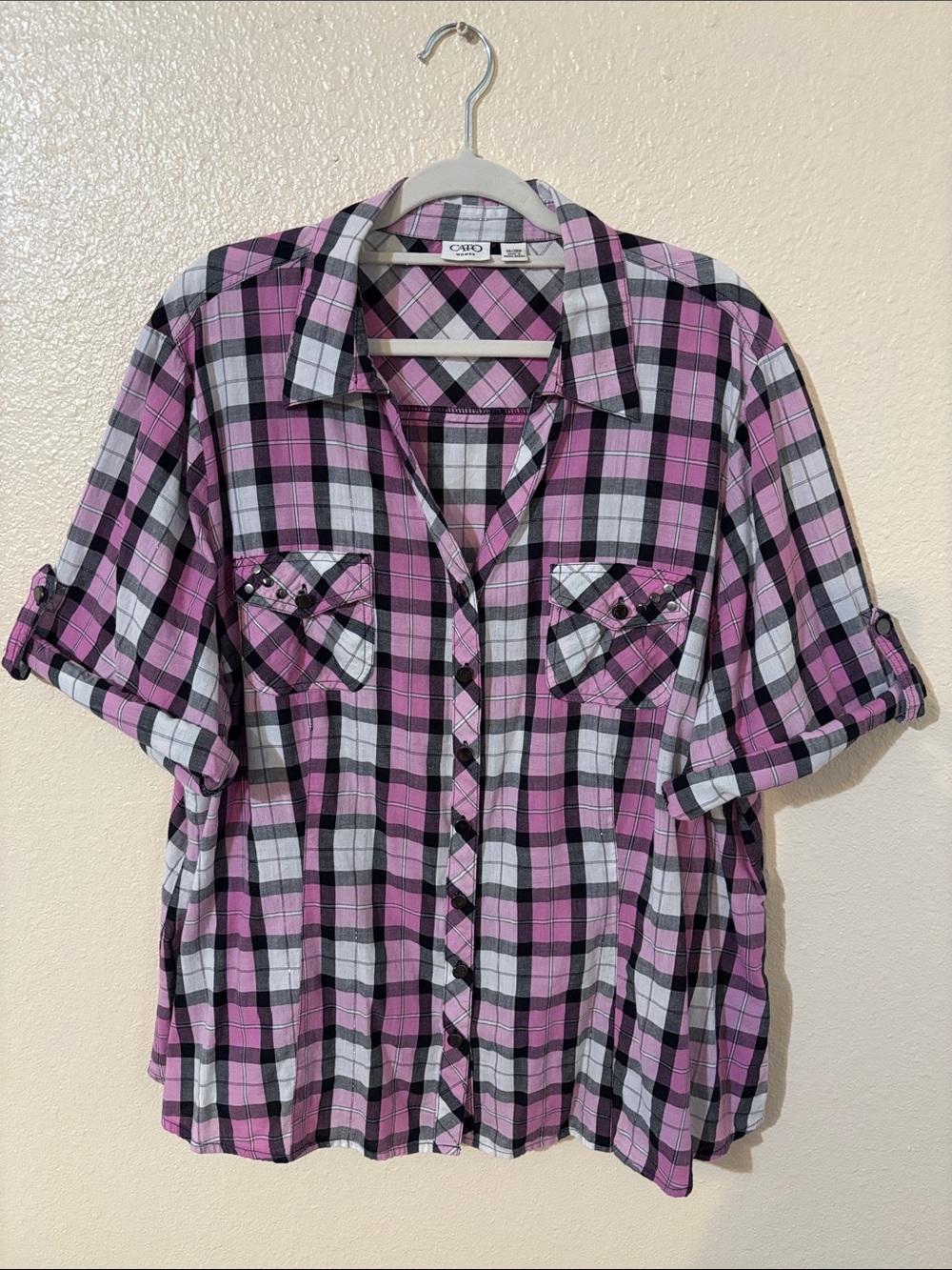 Cato Woman Pink Black White Plaid Button-Up Shirt Size 26/28W